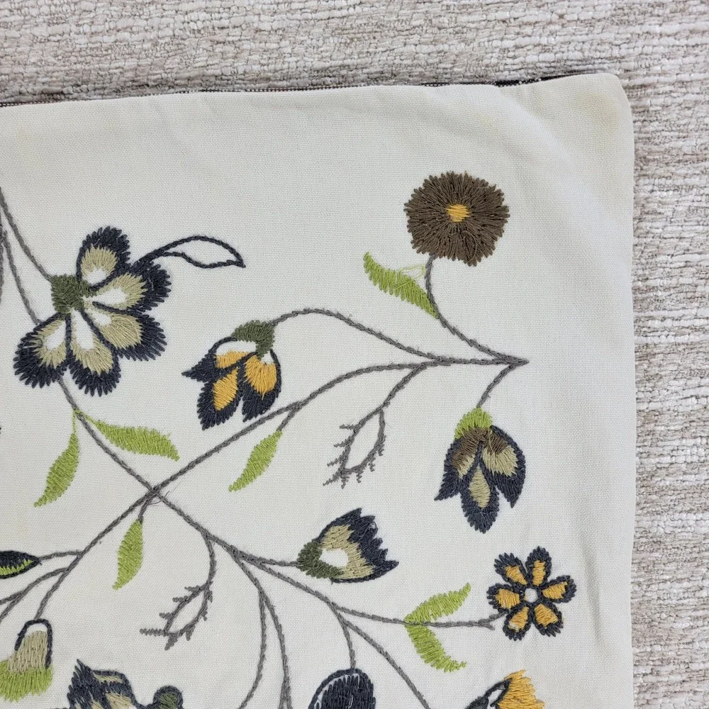 IKEA Alvine Lov Embroidered Floral Pillow Cover 20x24 Cream Cotton Plaid Back - Picture 7 of 16
